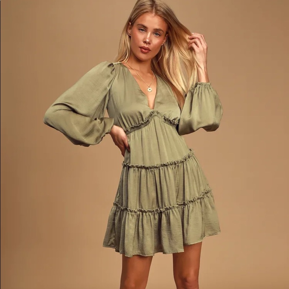 Lulu’s Olive Green Satin Long Sleeve Mini Dress